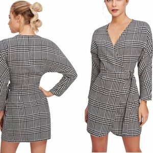 Houndstooth plaid wrap mini dress cardigan silver buckle self tie dolman sleeve